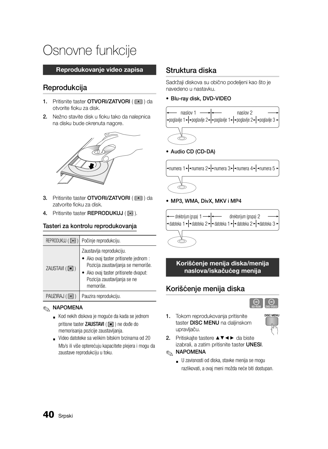 Samsung BD-D5300/EN manual Korišćenje menija diska, Reprodukovanje video zapisa, Tasteri za kontrolu reprodukovanja 