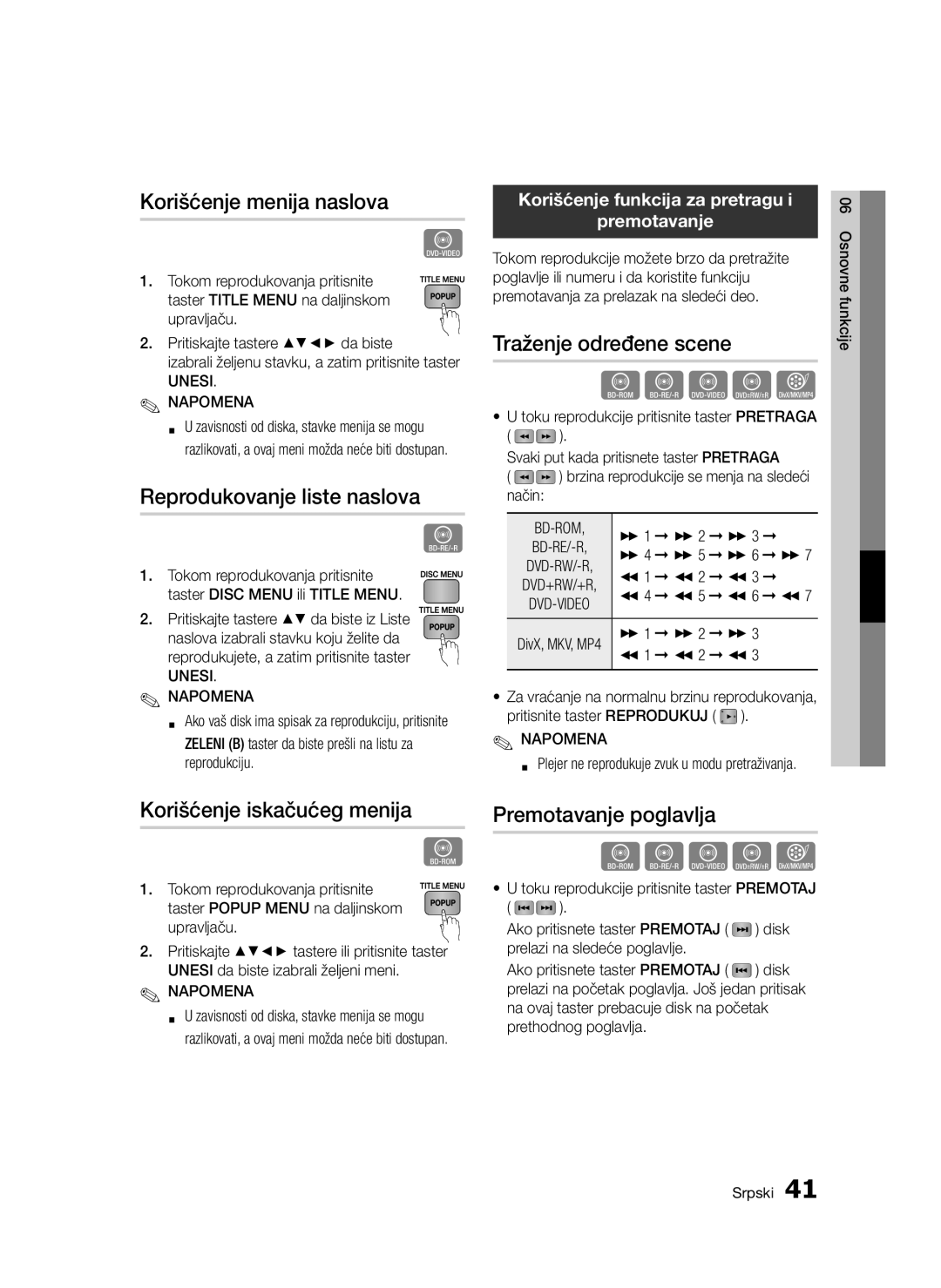 Samsung BD-D5300/EN manual Korišćenje menija naslova, Reprodukovanje liste naslova, Korišćenje iskačućeg menija 