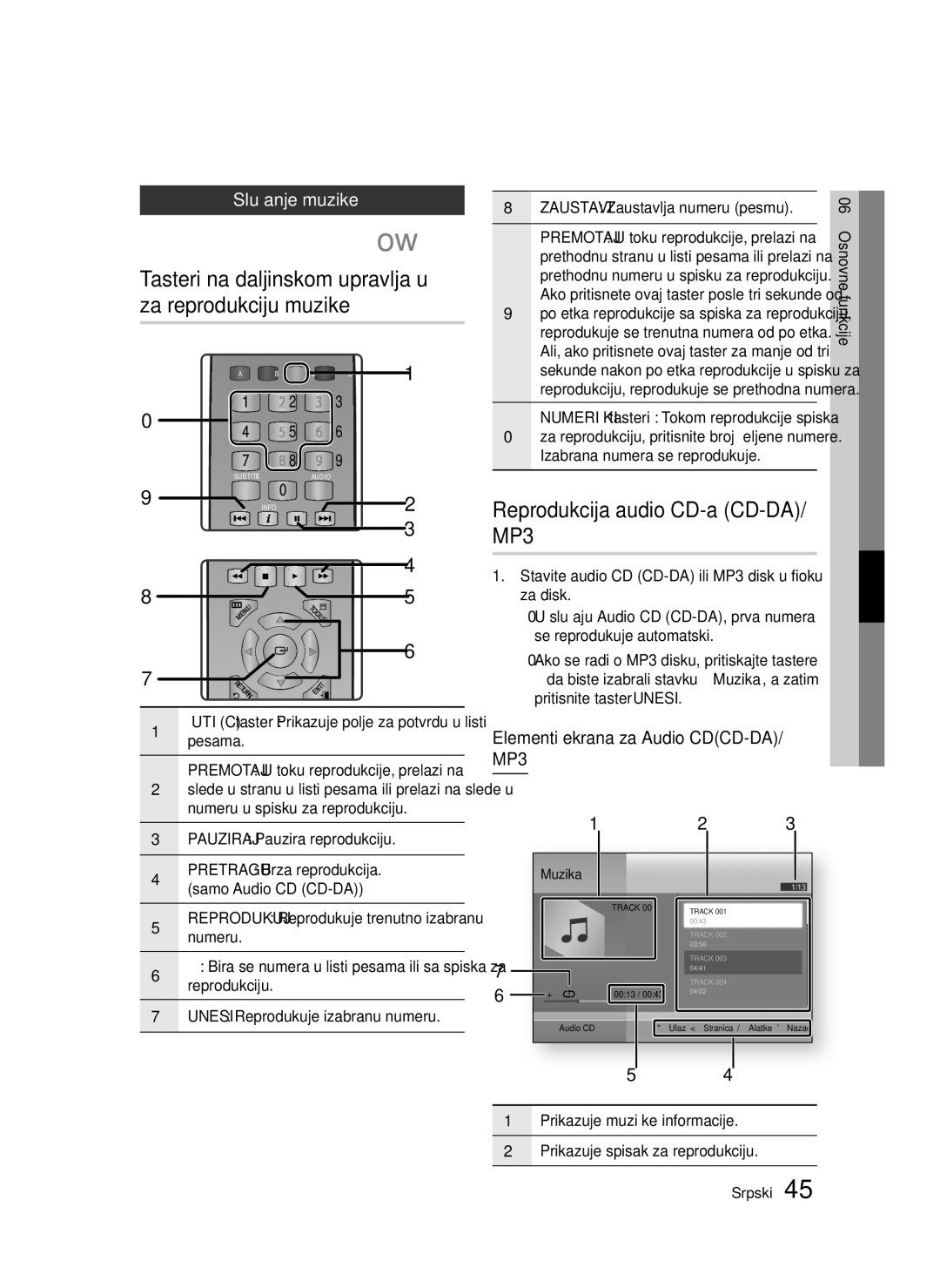 Samsung BD-D5300/EN manual Tasteri na daljinskom upravljaču za reprodukciju muzike, Reprodukcija audio CD-a CD-DA/ MP3 