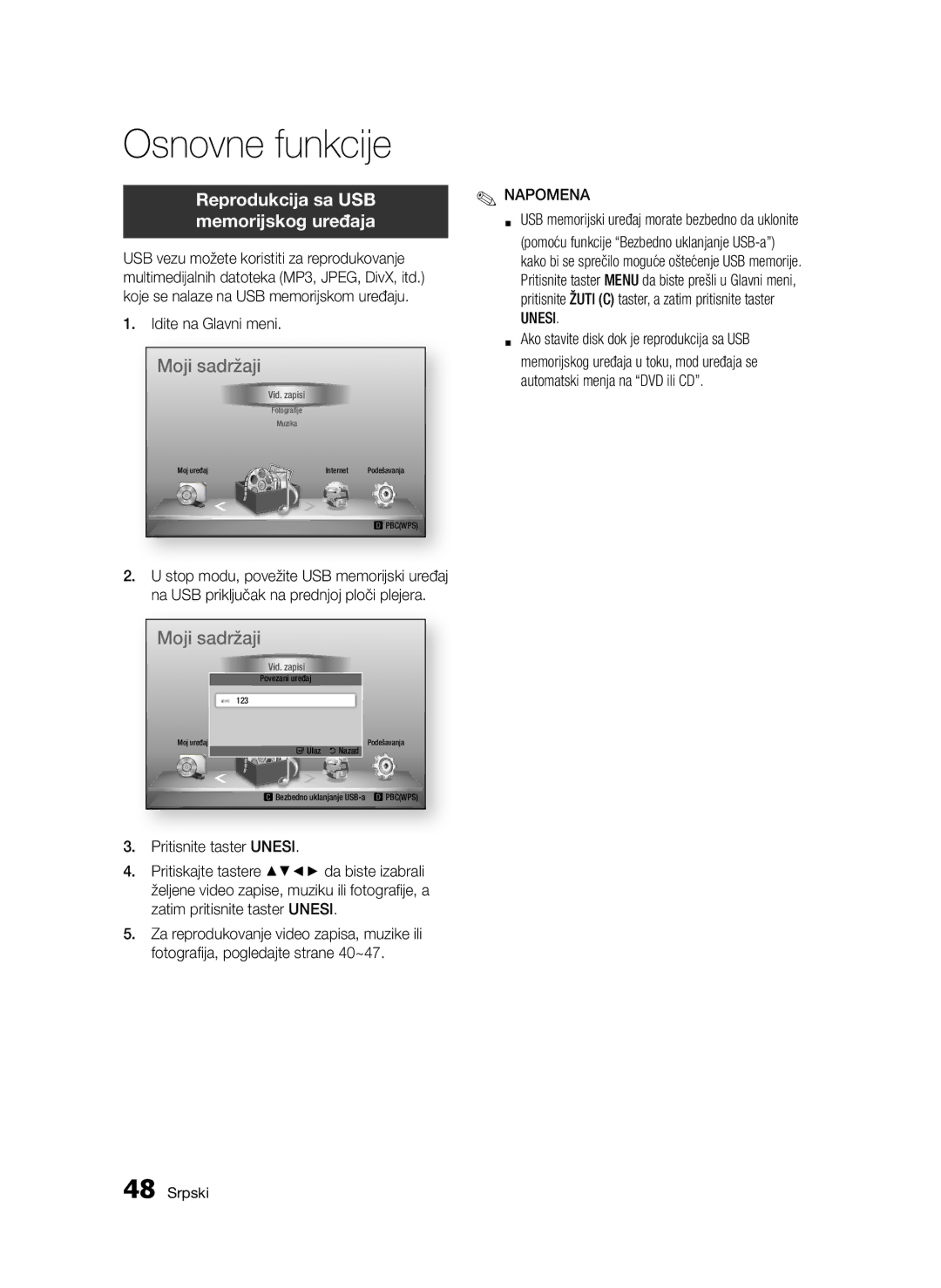 Samsung BD-D5300/EN manual Reprodukcija sa USB memorijskog uređaja, Idite na Glavni meni 