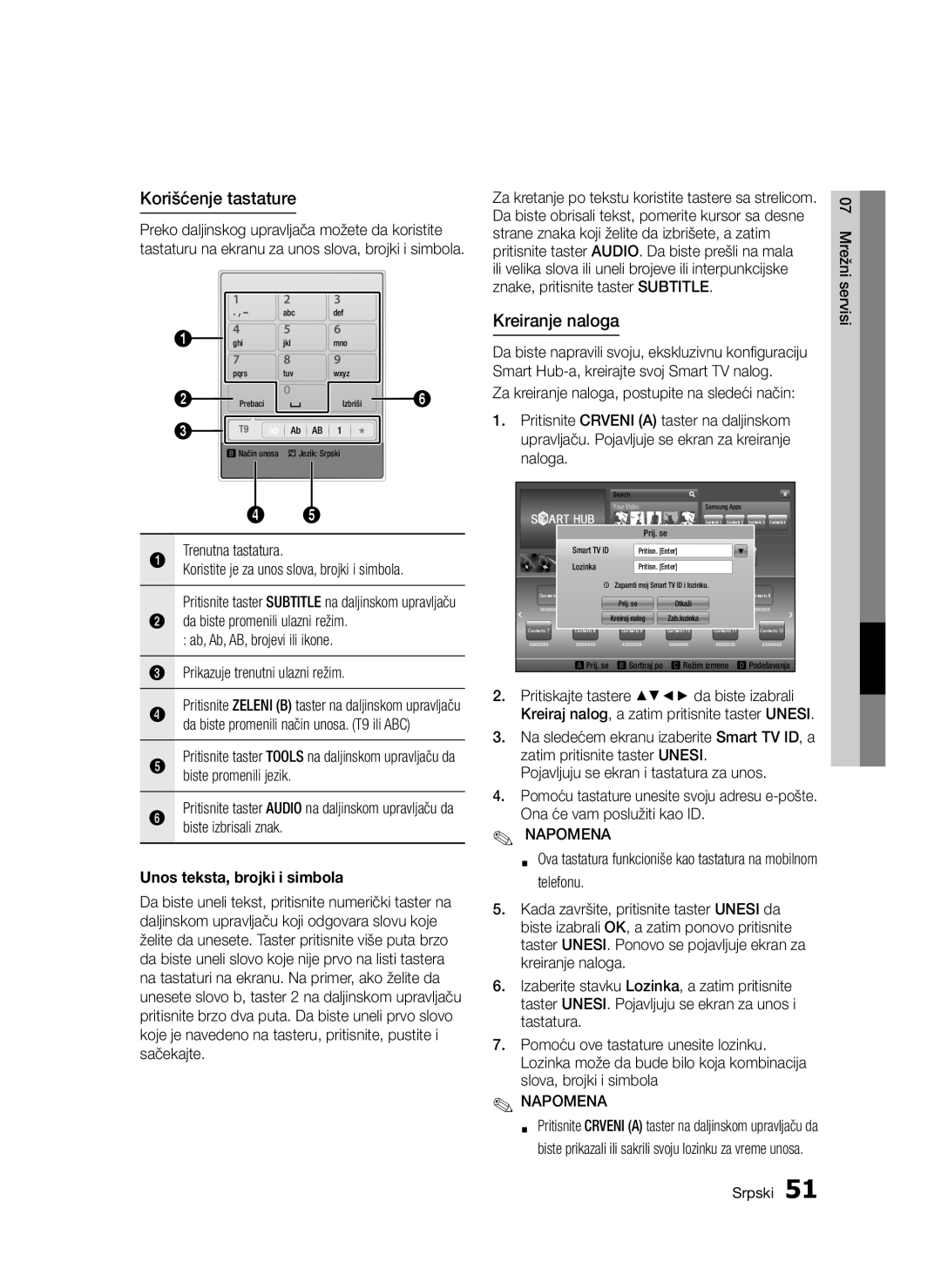 Samsung BD-D5300/EN manual Korišćenje tastature, Kreiranje naloga, Unos teksta, brojki i simbola 