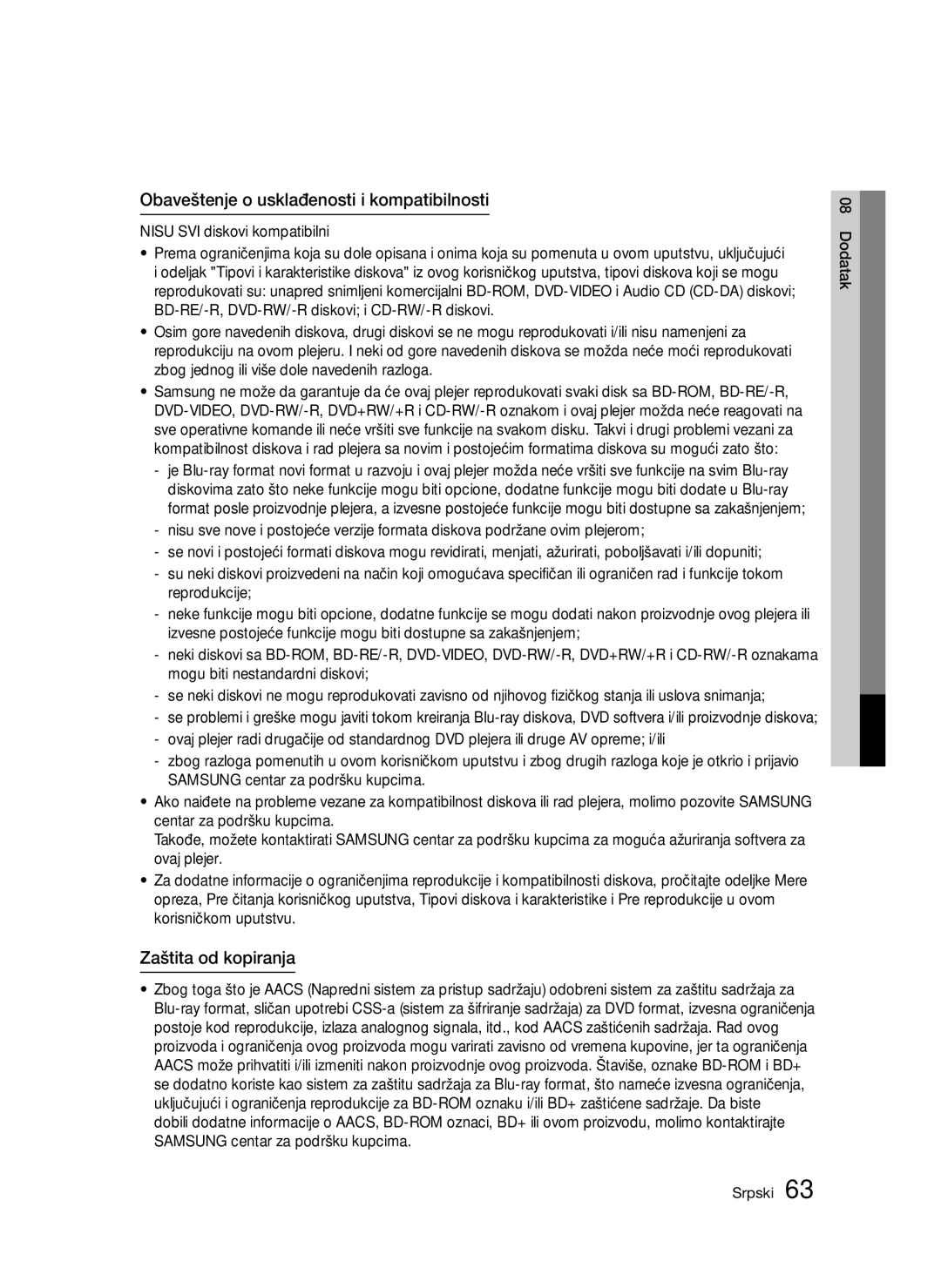 Samsung BD-D5300/EN manual Obaveštenje o usklađenosti i kompatibilnosti, Nisu SVI diskovi kompatibilni 