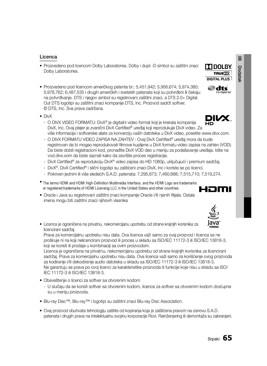 Samsung BD-D5300/EN manual Licenca, DTS, Inc. Sva prava zadržana DivX 