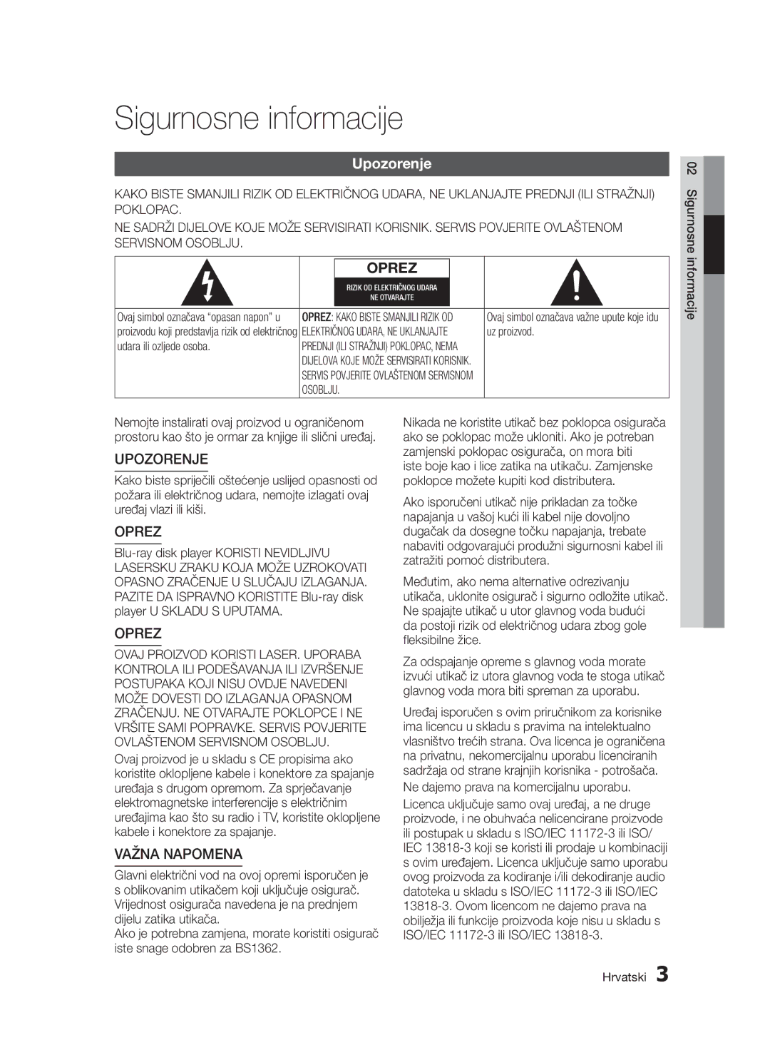 Samsung BD-D5300/EN manual Sigurnosne informacije, Upozorenje 