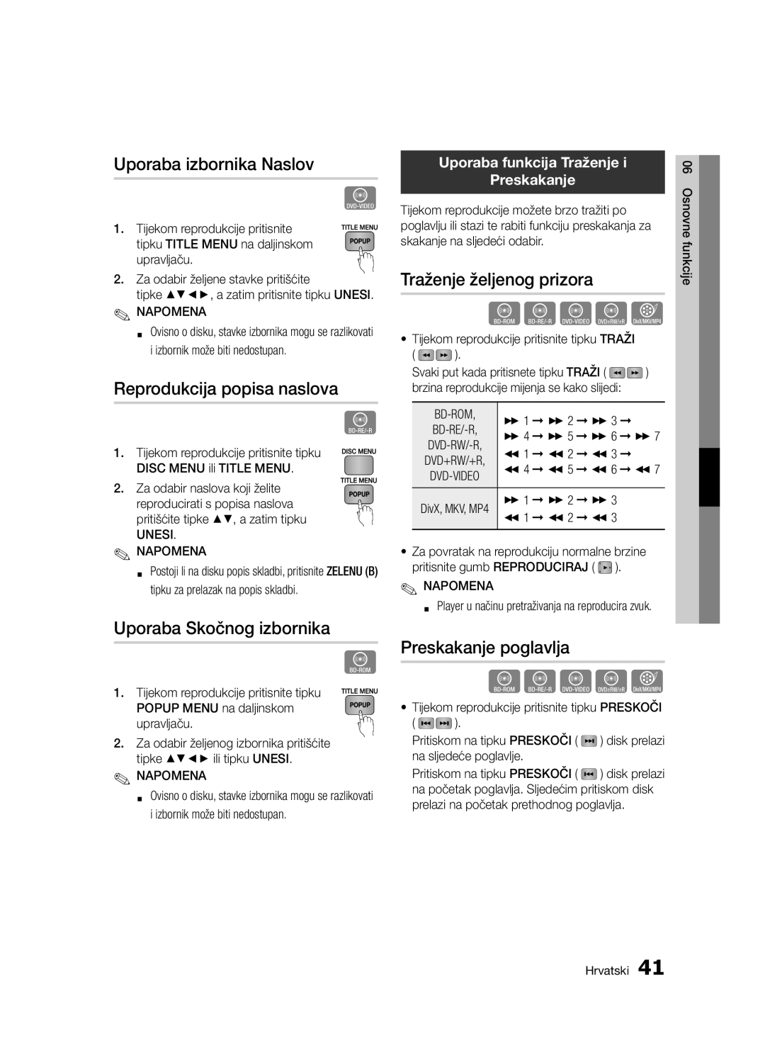 Samsung BD-D5300/EN manual Uporaba izbornika Naslov, Reprodukcija popisa naslova, Uporaba Skočnog izbornika 