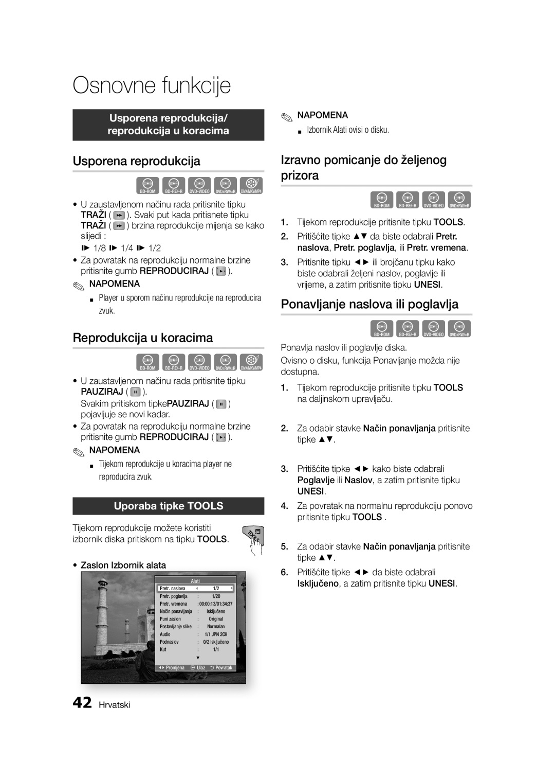 Samsung BD-D5300/EN manual Usporena reprodukcija, Reprodukcija u koracima, Izravno pomicanje do željenog prizora 