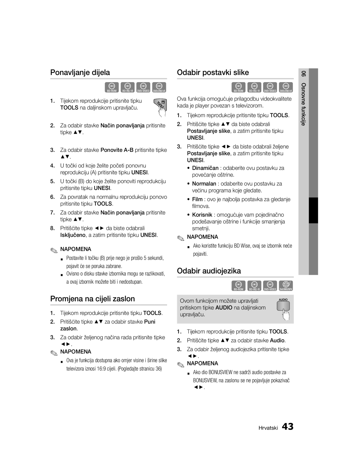 Samsung BD-D5300/EN manual Ponavljanje dijela, Promjena na cijeli zaslon, Odabir postavki slike, Odabir audiojezika 