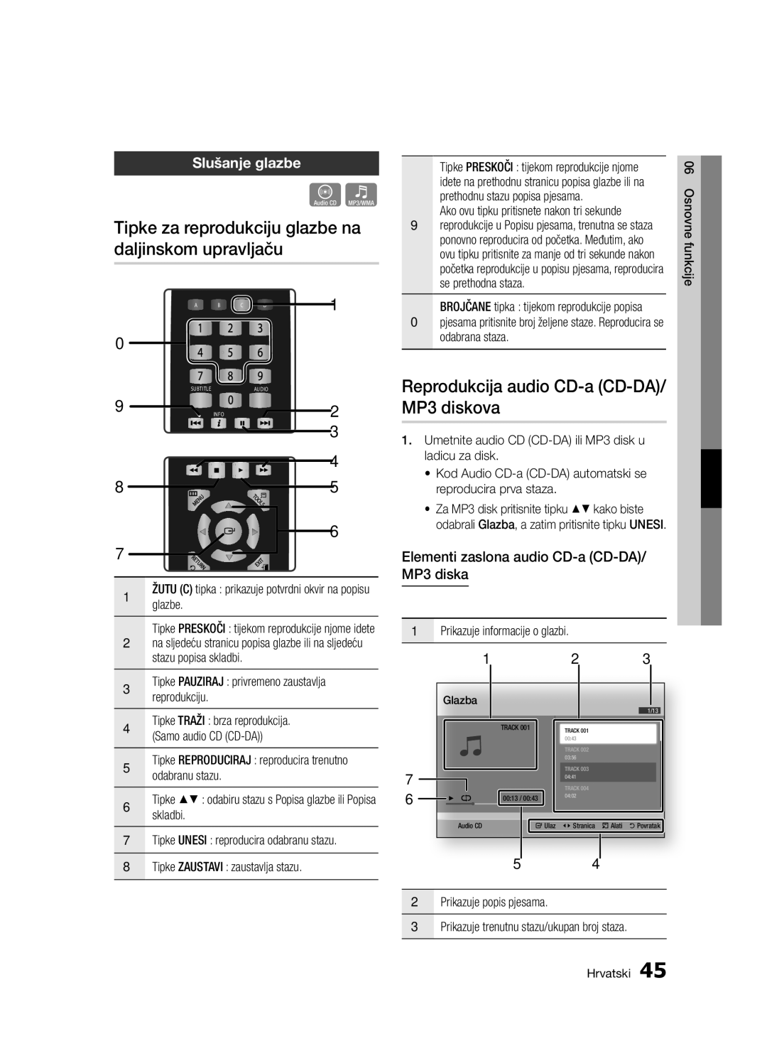 Samsung BD-D5300/EN Tipke za reprodukciju glazbe na daljinskom upravljaču, Reprodukcija audio CD-a CD-DA/ MP3 diskova 