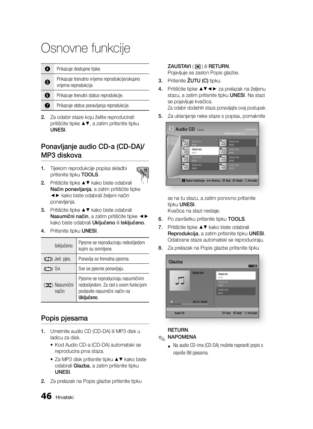 Samsung BD-D5300/EN manual Ponavljanje audio CD-a CD-DA/ MP3 diskova, Popis pjesama 