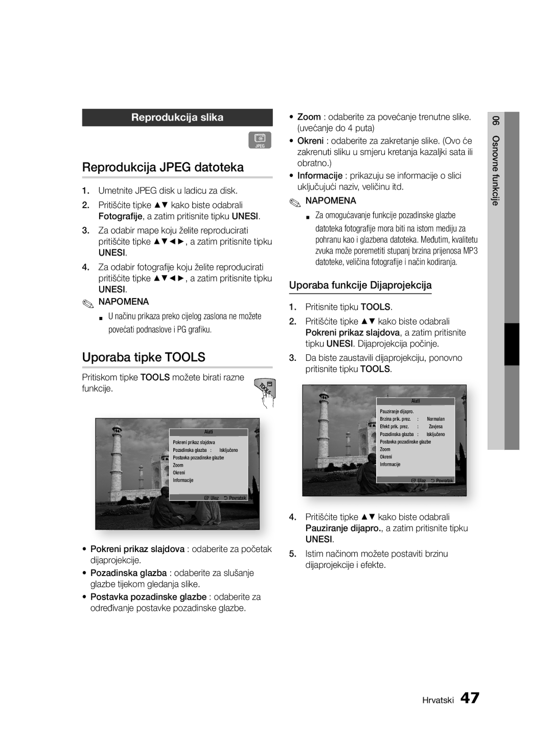 Samsung BD-D5300/EN Reprodukcija Jpeg datoteka, Uporaba tipke Tools, Reprodukcija slika, Uporaba funkcije Dijaprojekcija 