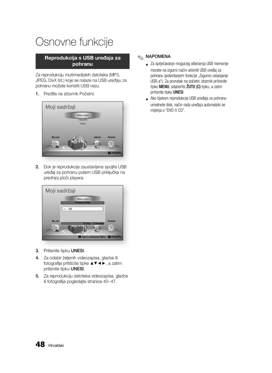 Samsung BD-D5300/EN manual Reprodukcija s USB uređaja za Pohranu, Pređite na izbornik Početni 