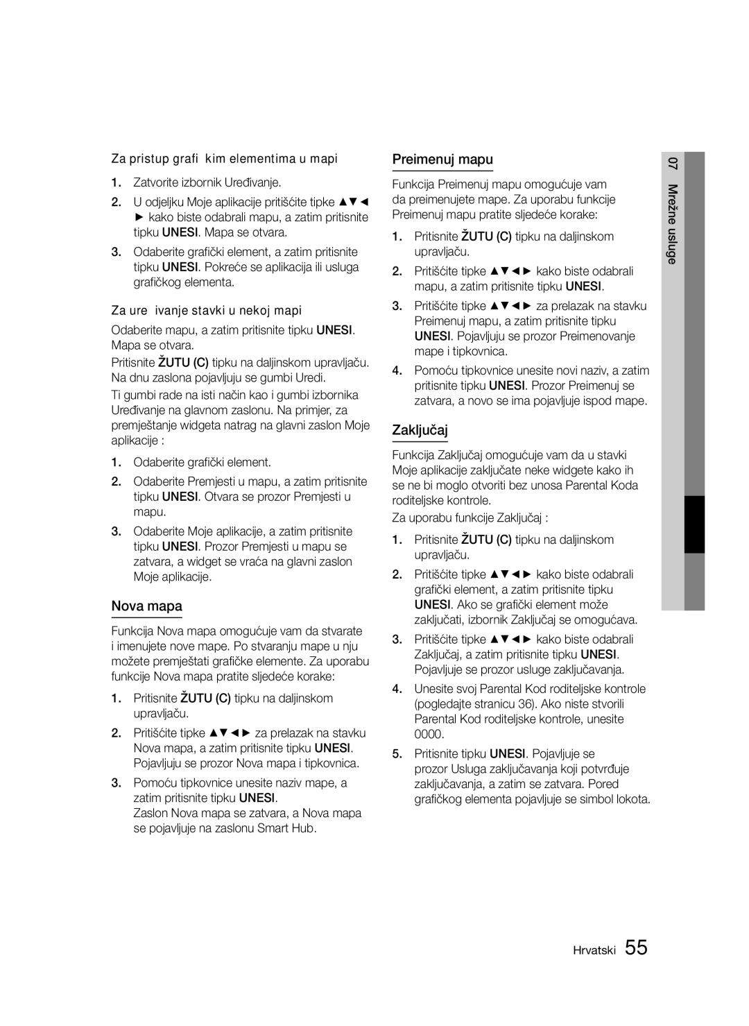 Samsung BD-D5300/EN manual Nova mapa, Preimenuj mapu, Zaključaj, Za pristup grafičkim elementima u mapi 