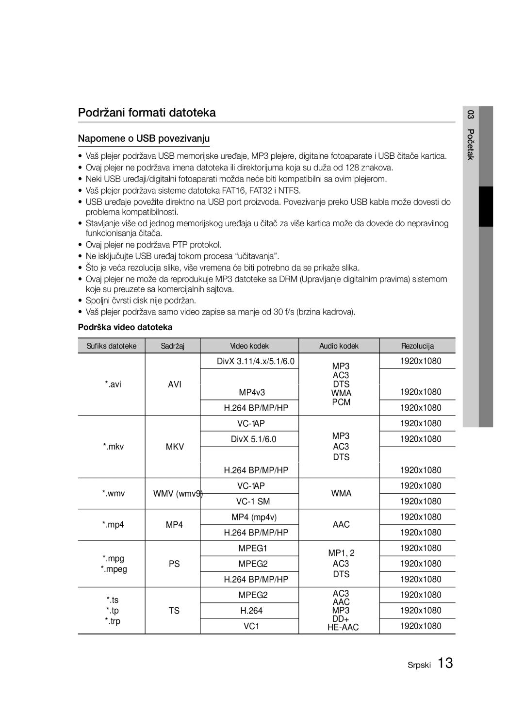 Samsung BD-D5300/EN manual Napomene o USB povezivanju, Podrška video datoteka, Avi 