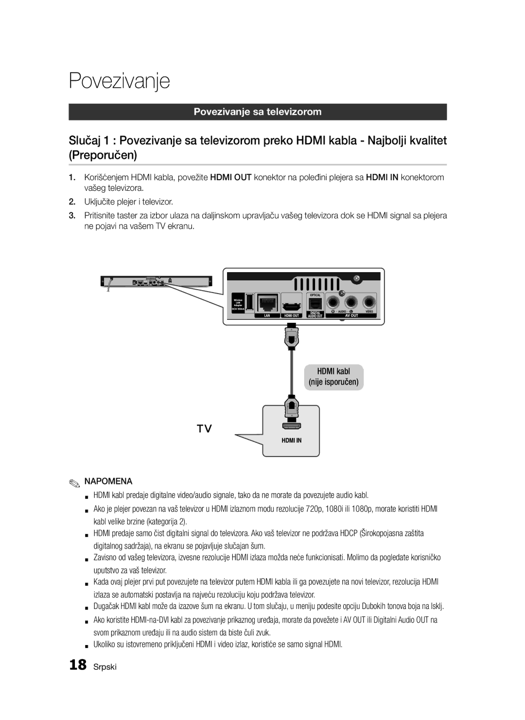 Samsung BD-D5300/EN manual Povezivanje sa televizorom 