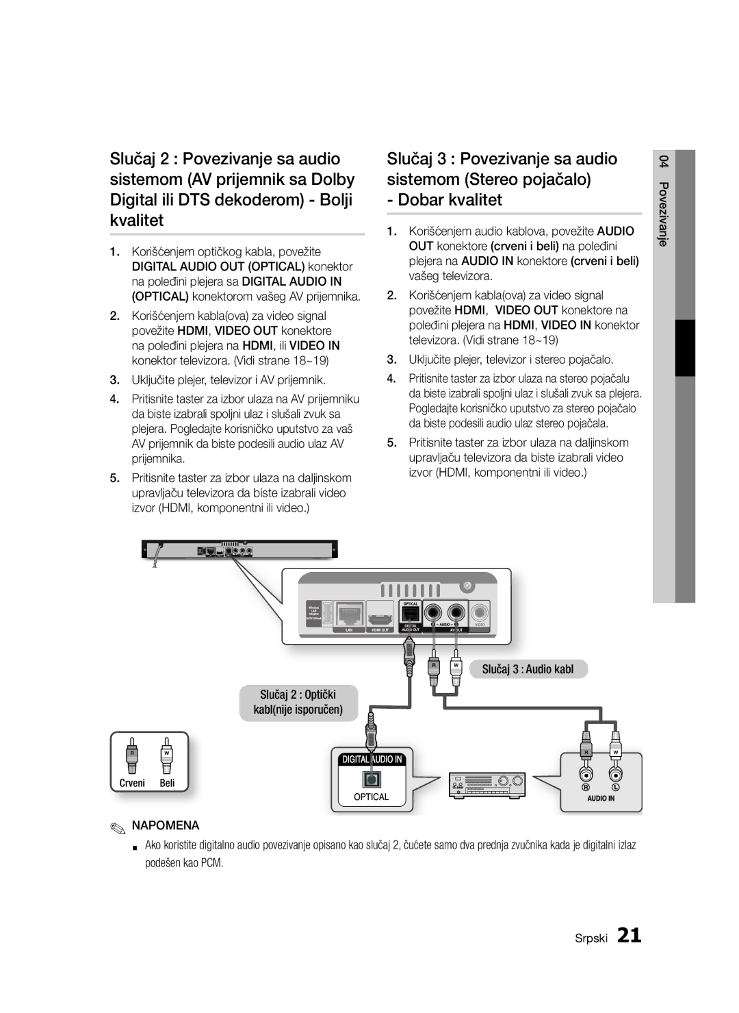 Samsung BD-D5300/EN manual Korišćenjem optičkog kabla, povežite, Slučaj 2 Optički Kablnije isporučen, Slučaj 3 Audio kabl 