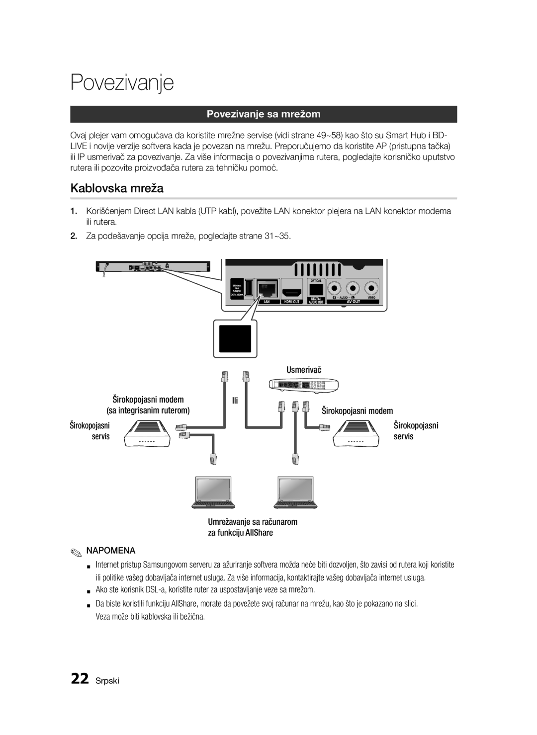 Samsung BD-D5300/EN manual Kablovska mreža, Povezivanje sa mrežom, Ili Širokopojasni modem 