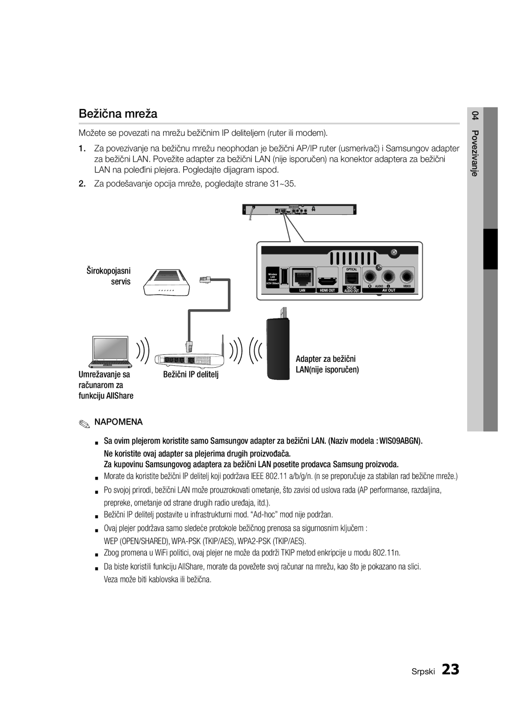 Samsung BD-D5300/EN manual Bežična mreža, Veza može biti kablovska ili bežična 