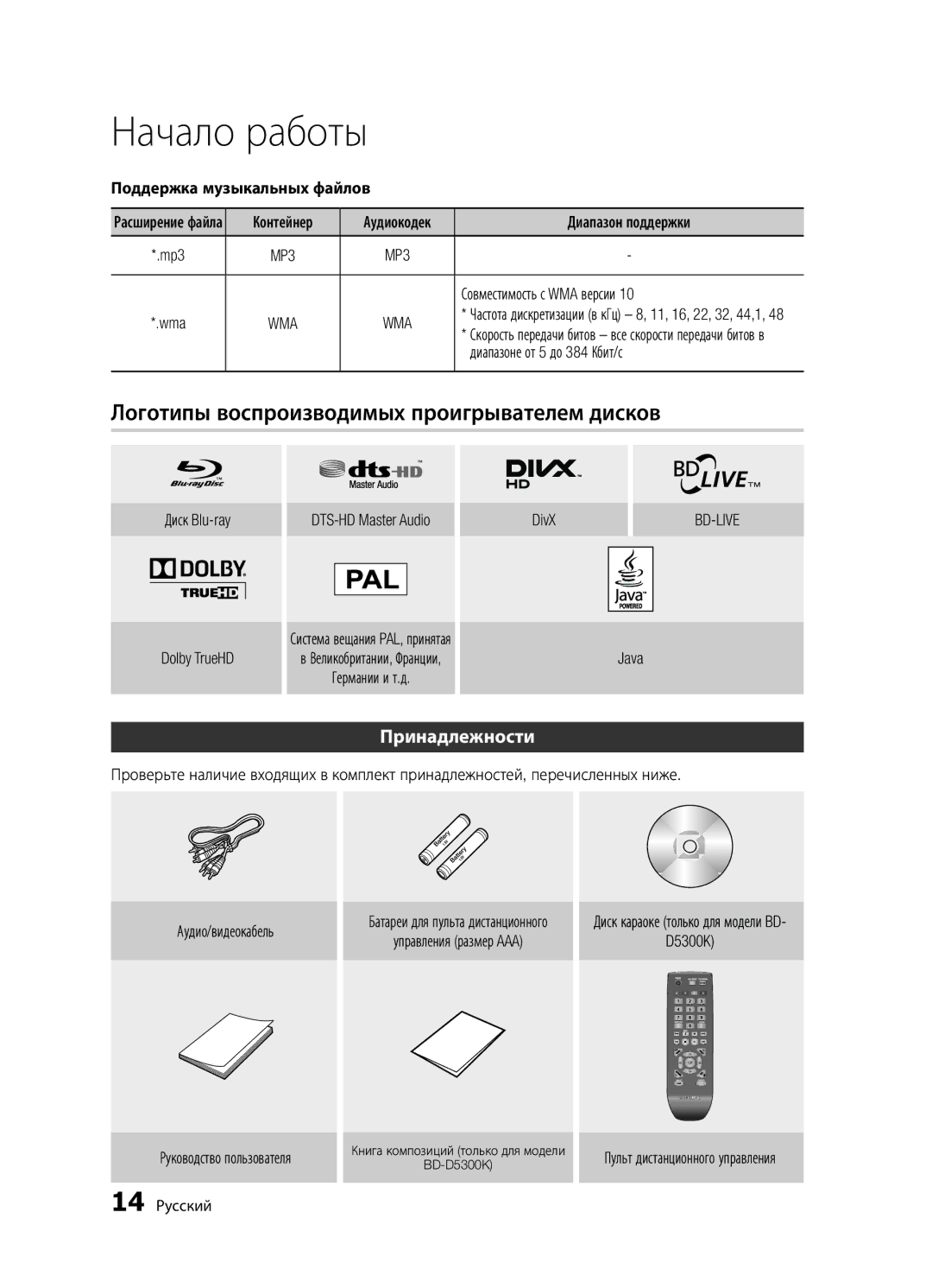 Samsung BD-D5500K/RU Логотипы воспроизводимых проигрывателем дисков, Принадлежности, Поддержка музыкальных файлов, Wma 