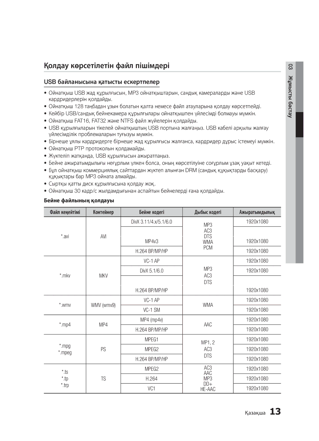 Samsung BD-D5500K/RU manual Қолдау көрсетілетін файл пішімдері, USB байланысына қатысты ескертпелер, Бейне файлының қолдауы 