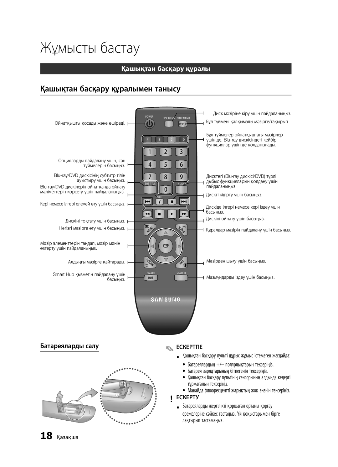 Samsung BD-D5300K/RU, BD-D5300/RU, BD-D5500K/RU manual Қашықтан басқару құралымен танысу, Батареяларды салу, Ескерту 