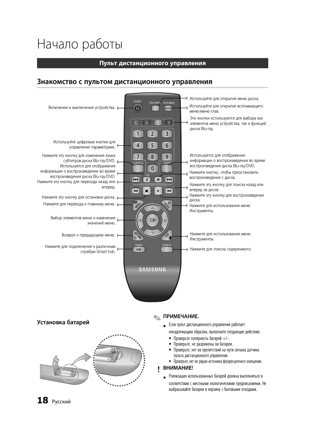 Samsung BD-D5300/RU Знакомство с пультом дистанционного управления, Пульт дистанционного управления, Установка батарей 