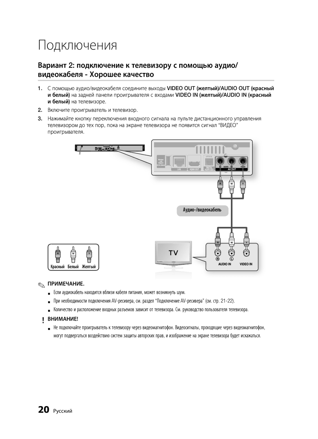 Samsung BD-D5500K/RU, BD-D5300/RU, BD-D5300K/RU manual 20 Русский, Красный Белый Желтый 