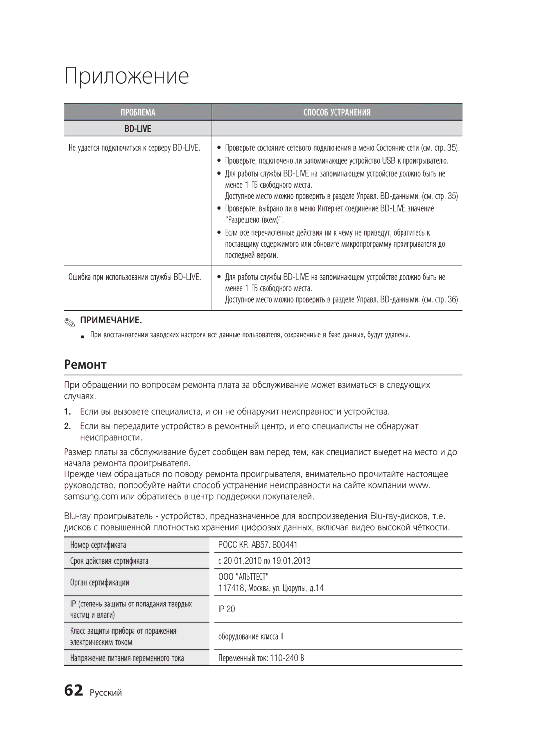 Samsung BD-D5500K/RU, BD-D5300/RU, BD-D5300K/RU manual Ремонт, OOO Альттест 