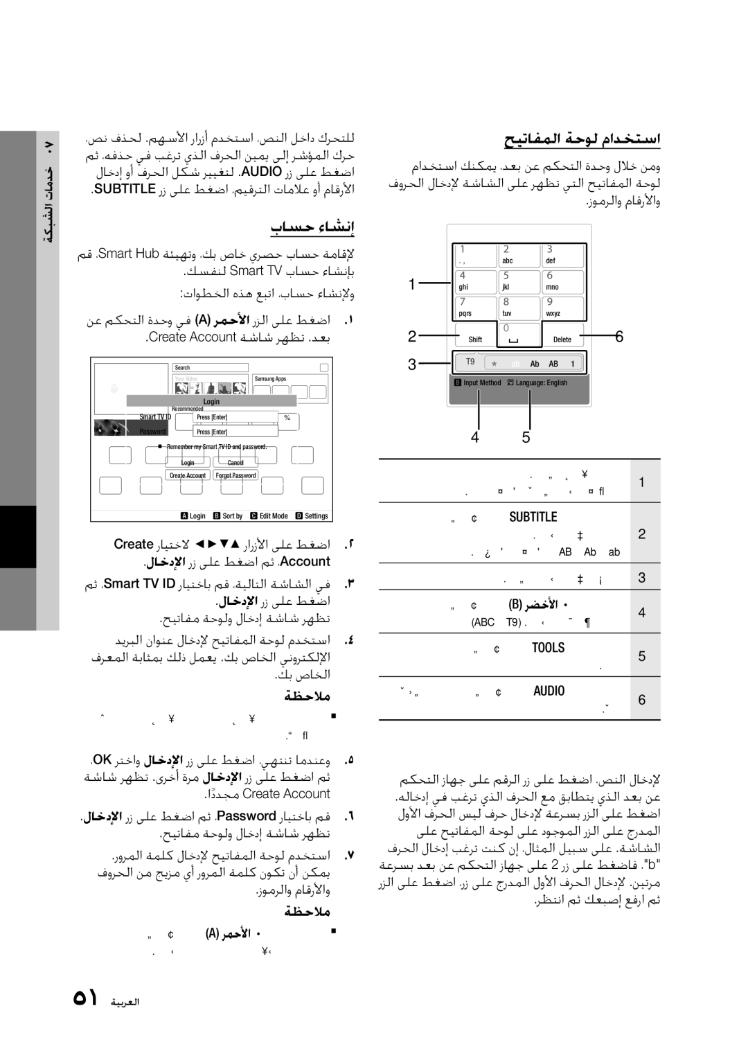 Samsung BD-D5300/ZN, BD-D5300/UM manual باسح ءاشنإ, حيتافملا ةحول مادختسا, زومرلاو ماقرلأاو صنلا لاخدإ 