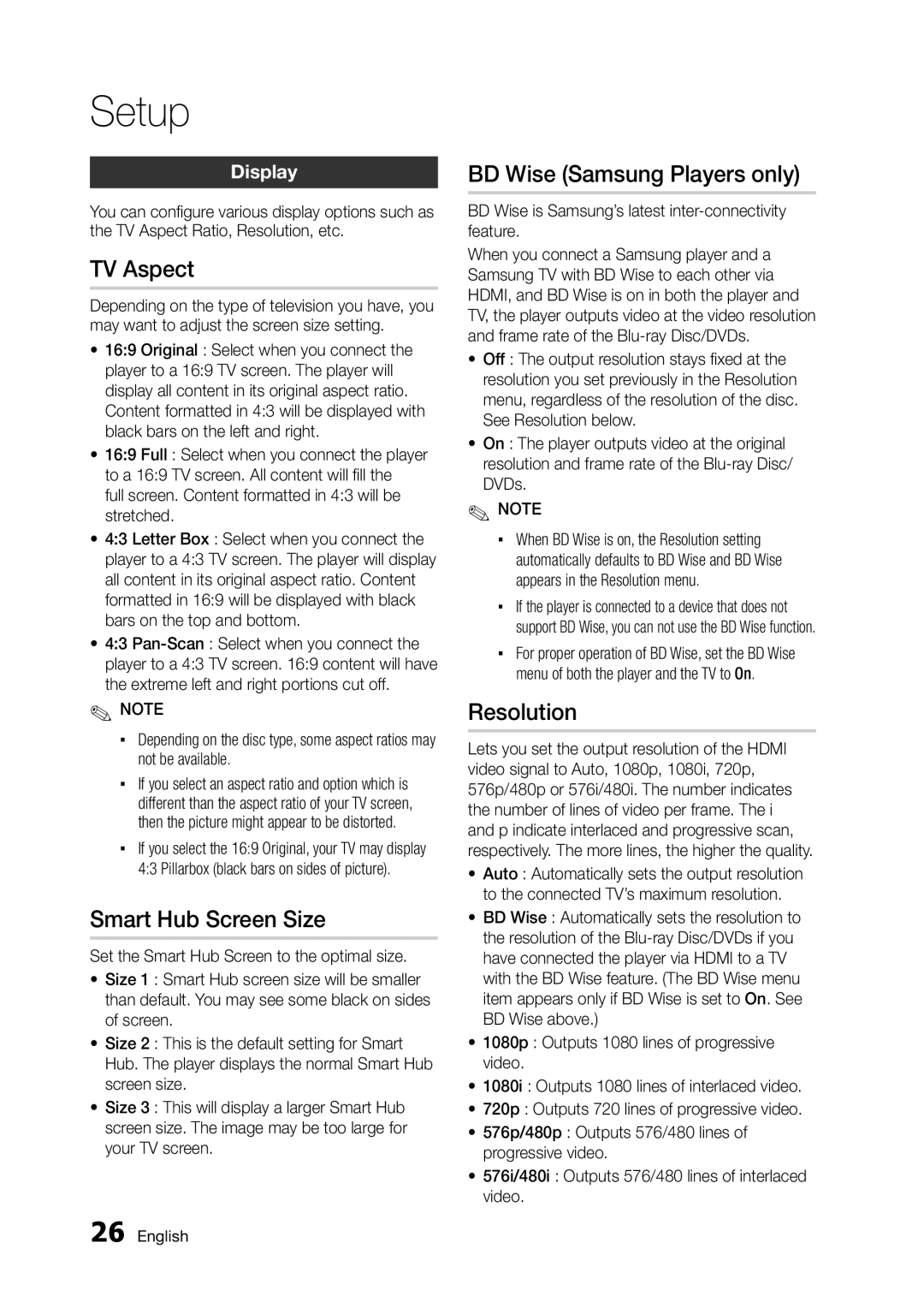 Samsung BD-D5300/UM, BD-D5300/ZN manual TV Aspect, Smart Hub Screen Size, BD Wise Samsung Players only, Resolution, Display 