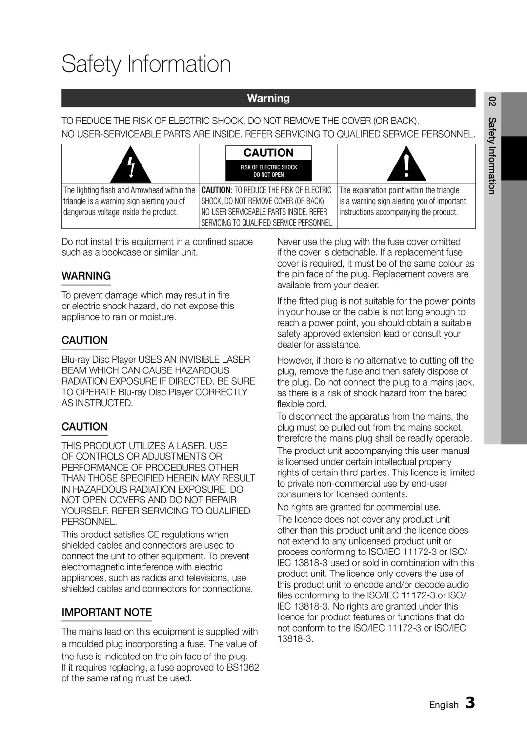 Samsung BD-D5300/ZN, BD-D5300/UM manual Safety Information, Important Note 