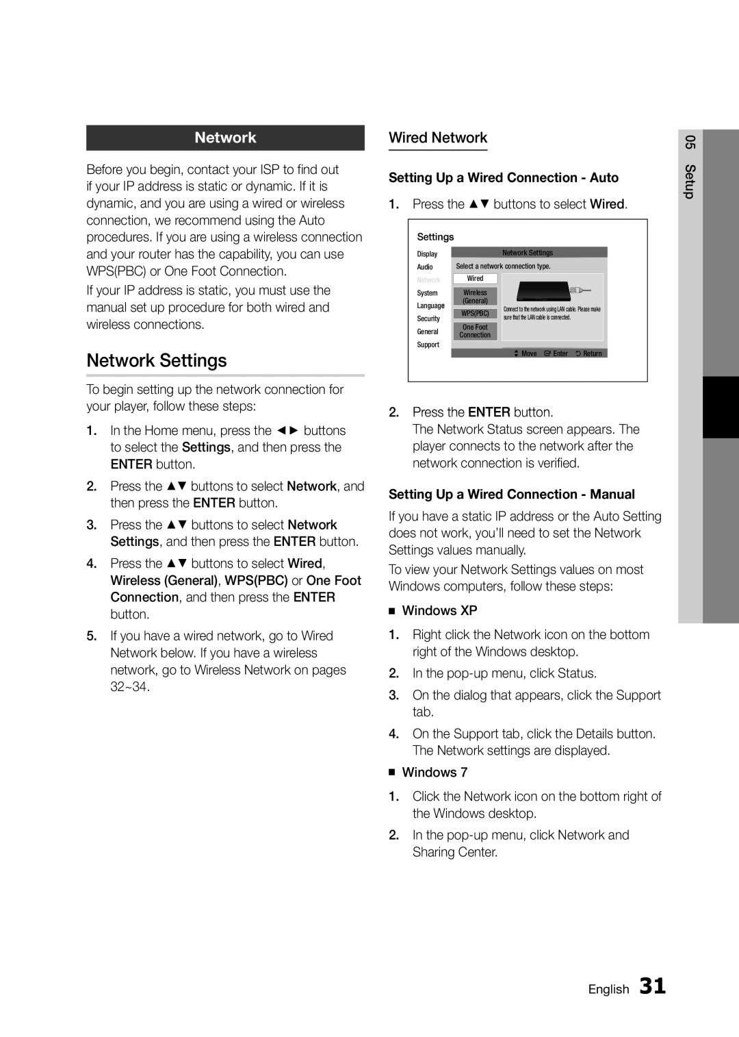 Samsung BD-D5300/ZN, BD-D5300/UM manual Network Settings, Wired Network, Setting Up a Wired Connection Auto 