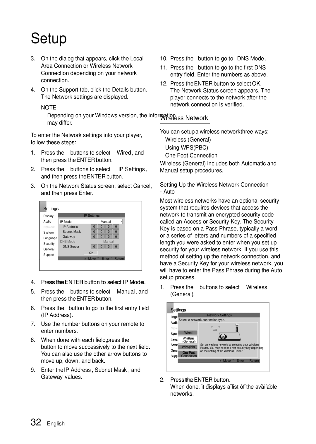 Samsung BD-D5300/UM Setting Up the Wireless Network Connection Auto, Press the buttons to select Wireless General 