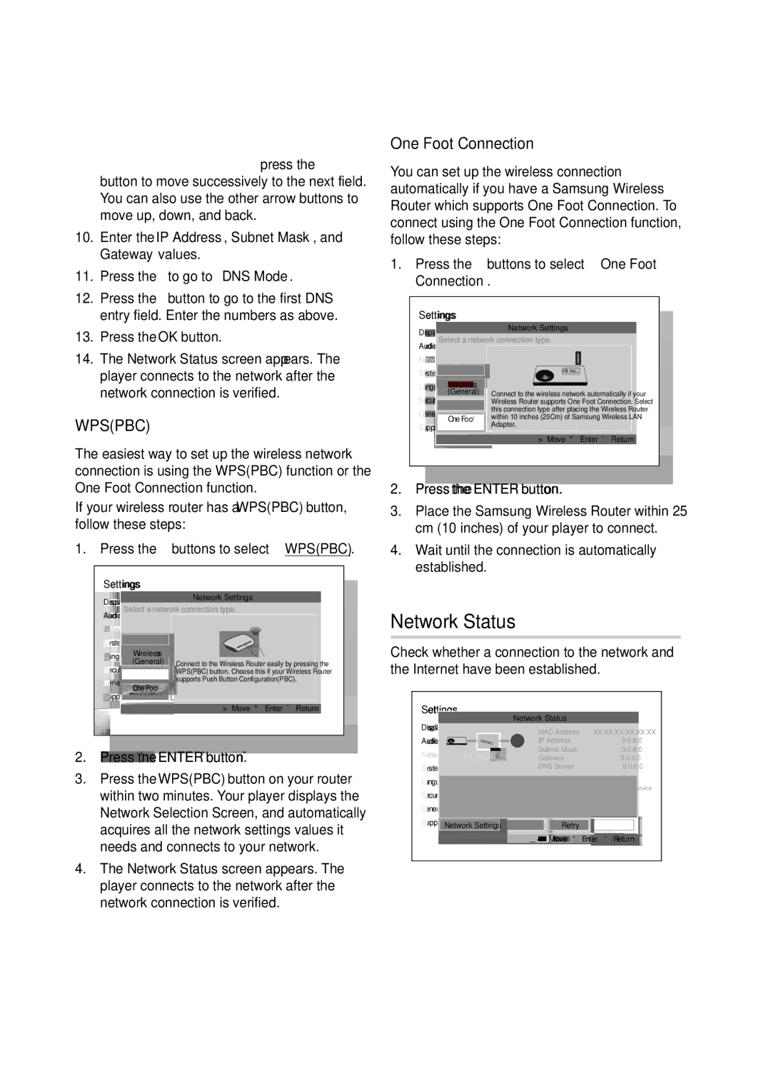 Samsung BD-D5300/UM, BD-D5300/ZN manual Network Status, One Foot Connection, Press the OK button 