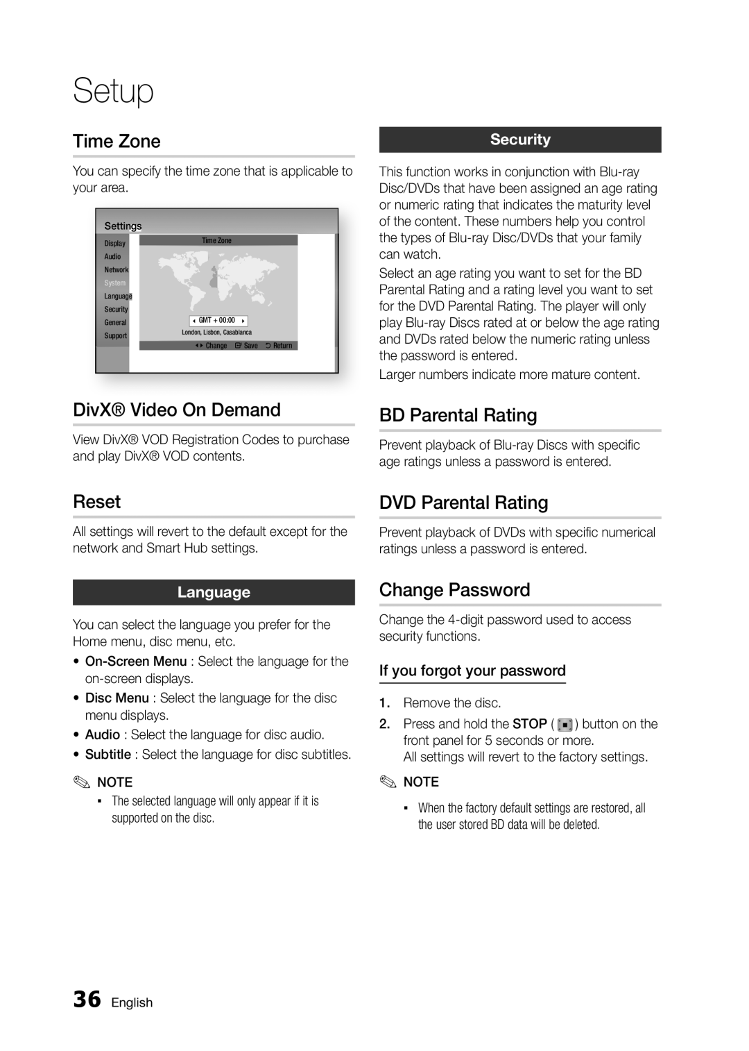 Samsung BD-D5300/UM manual Time Zone, DivX Video On Demand, BD Parental Rating, Reset, DVD Parental Rating, Change Password 