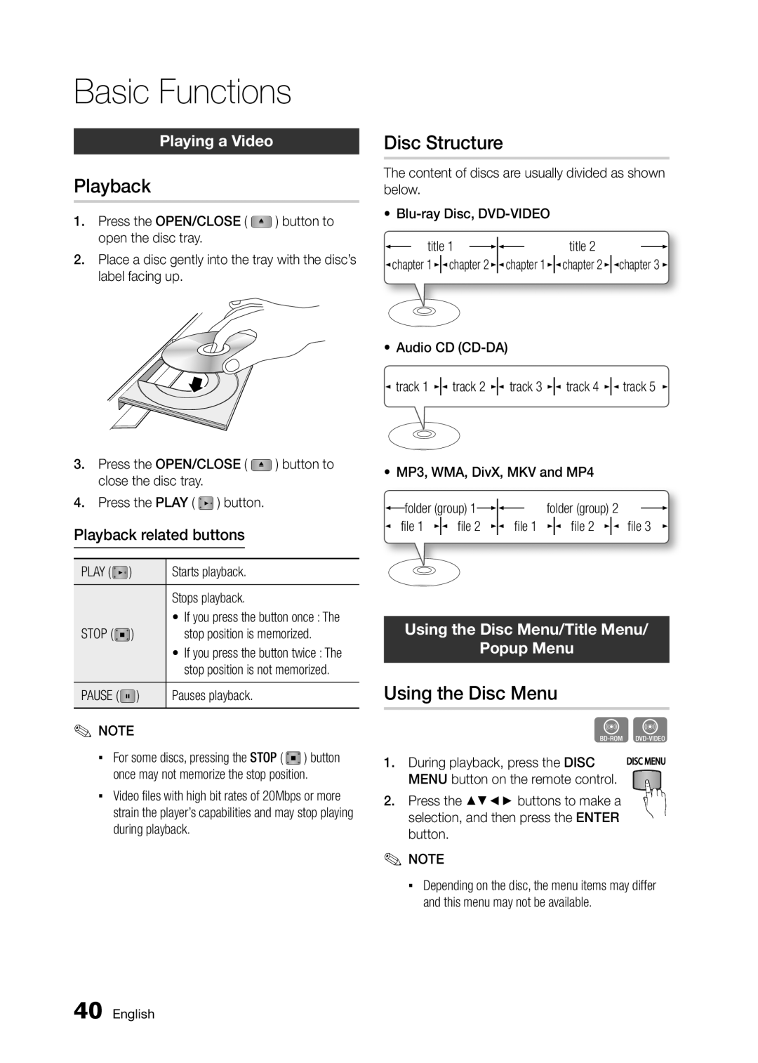 Samsung BD-D5300/UM, BD-D5300/ZN manual Basic Functions, Playback, Disc Structure, Using the Disc Menu 