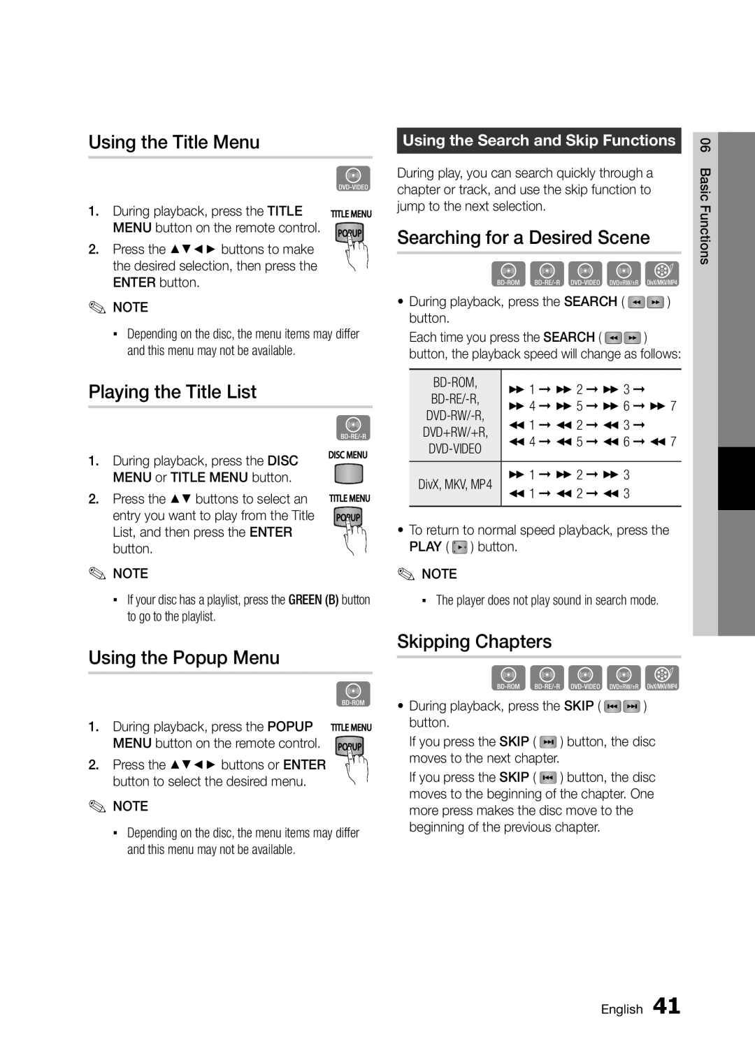 Samsung BD-D5300/ZN Using the Title Menu, Playing the Title List, Using the Popup Menu, Searching for a Desired Scene 