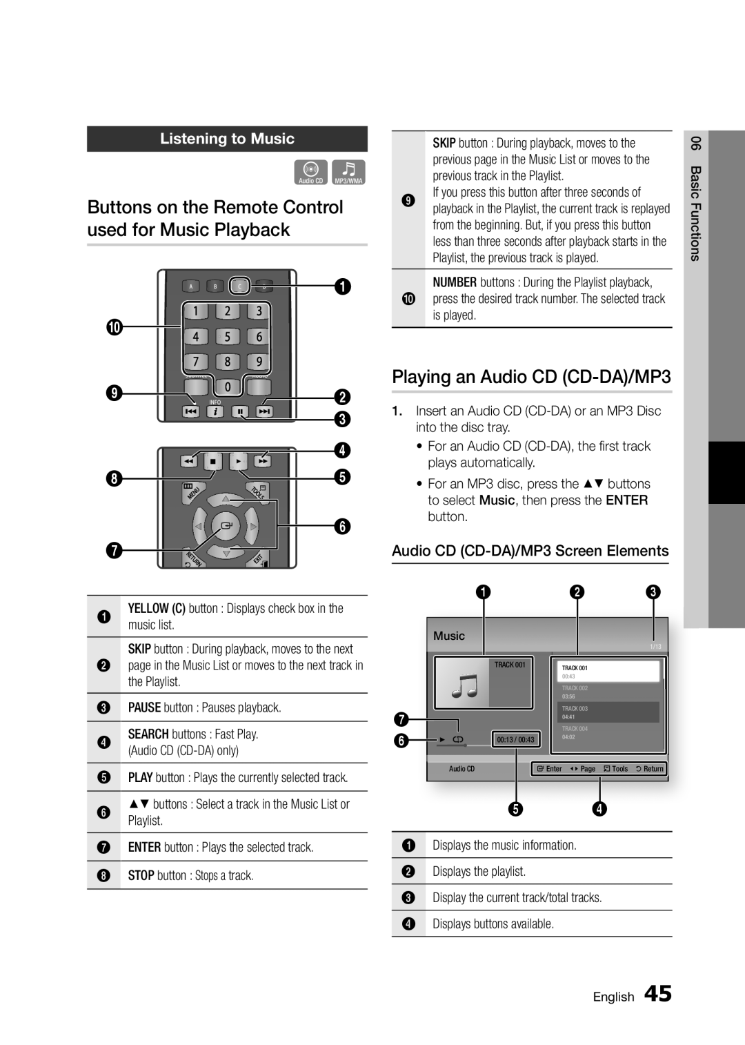 Samsung BD-D5300/ZN, BD-D5300/UM manual Buttons on the Remote Control used for Music Playback, Playing an Audio CD CD-DA/MP3 