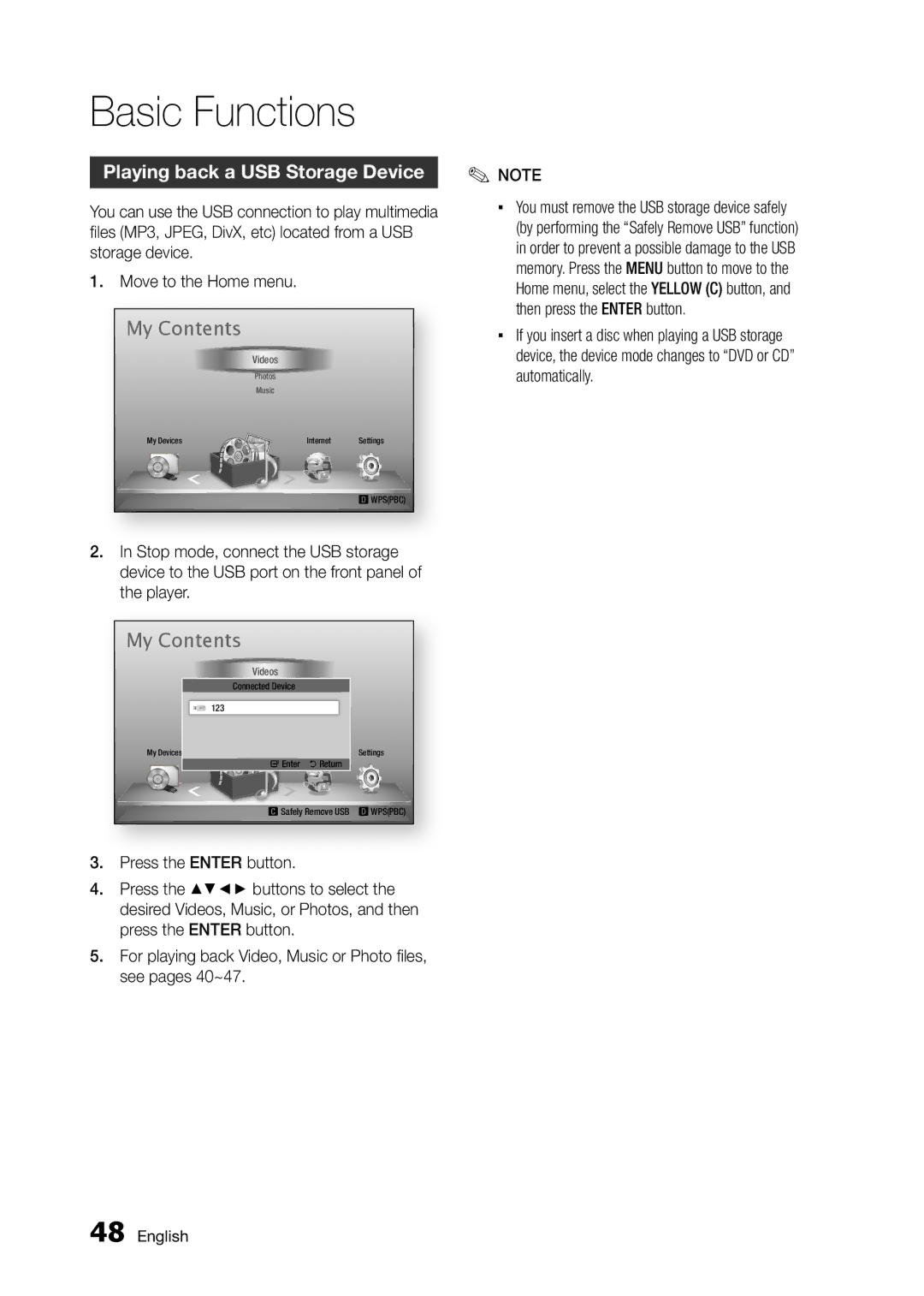 Samsung BD-D5300/UM, BD-D5300/ZN manual Playing back a USB Storage Device Note, Videos 