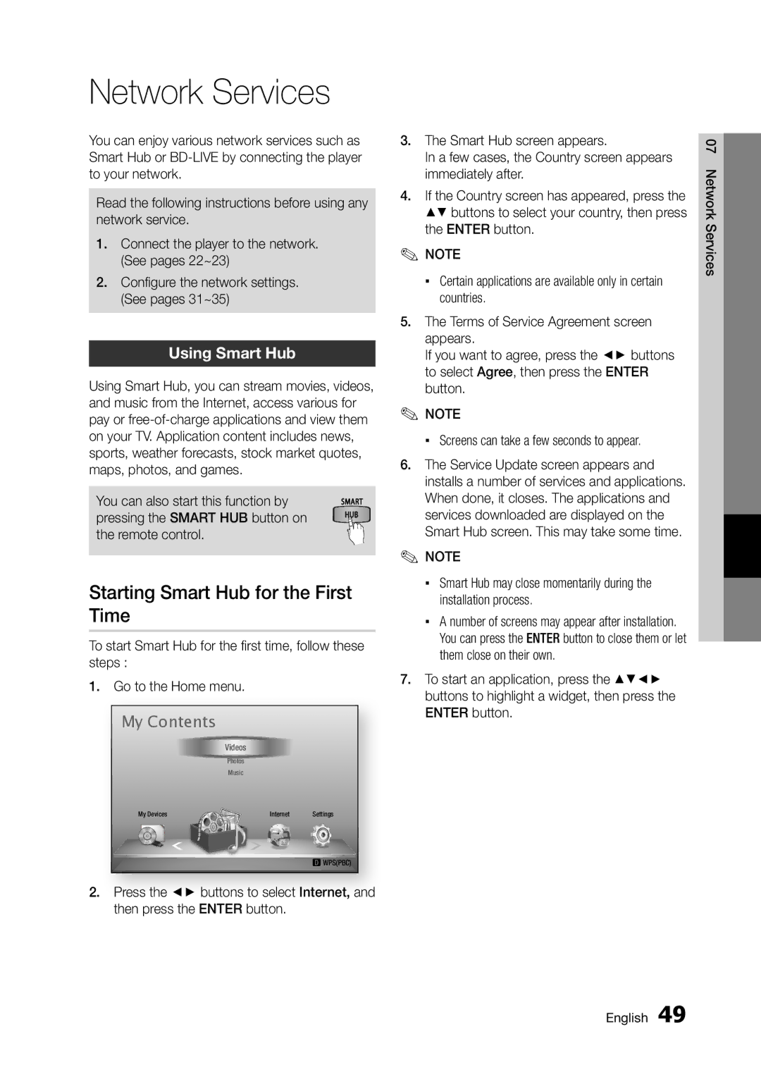 Samsung BD-D5300/ZN, BD-D5300/UM manual Network Services, Starting Smart Hub for the First Time, Using Smart Hub 