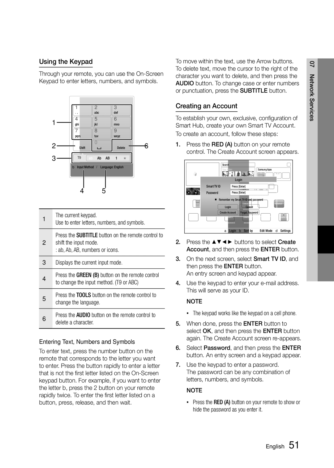 Samsung BD-D5300/ZN, BD-D5300/UM manual Using the Keypad, Creating an Account, Entering Text, Numbers and Symbols 