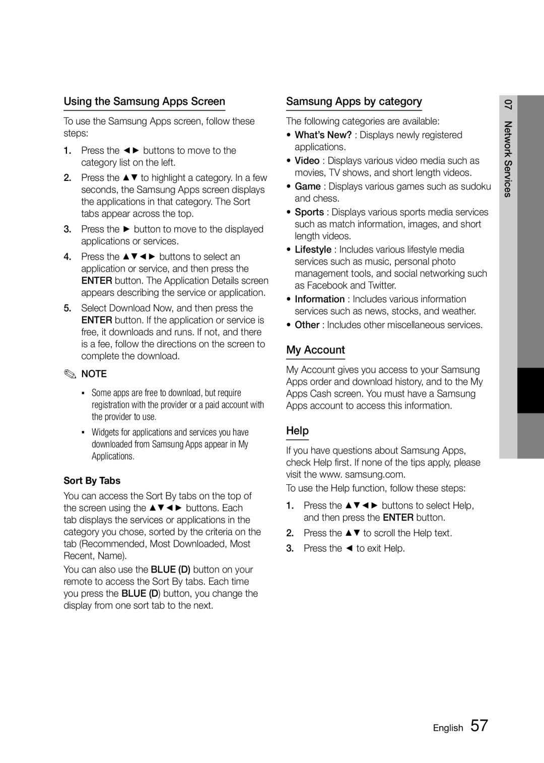 Samsung BD-D5300/ZN, BD-D5300/UM Using the Samsung Apps Screen, Samsung Apps by category, My Account, Help, Sort By Tabs 