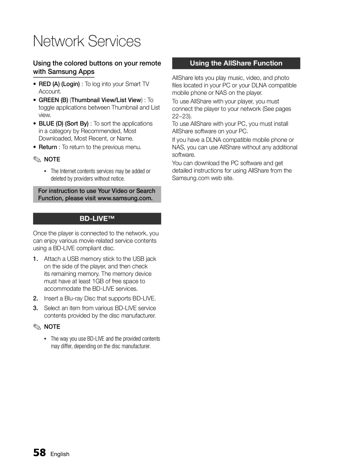 Samsung BD-D5300/UM, BD-D5300/ZN Using the colored buttons on your remote with Samsung Apps, Using the AllShare Function 