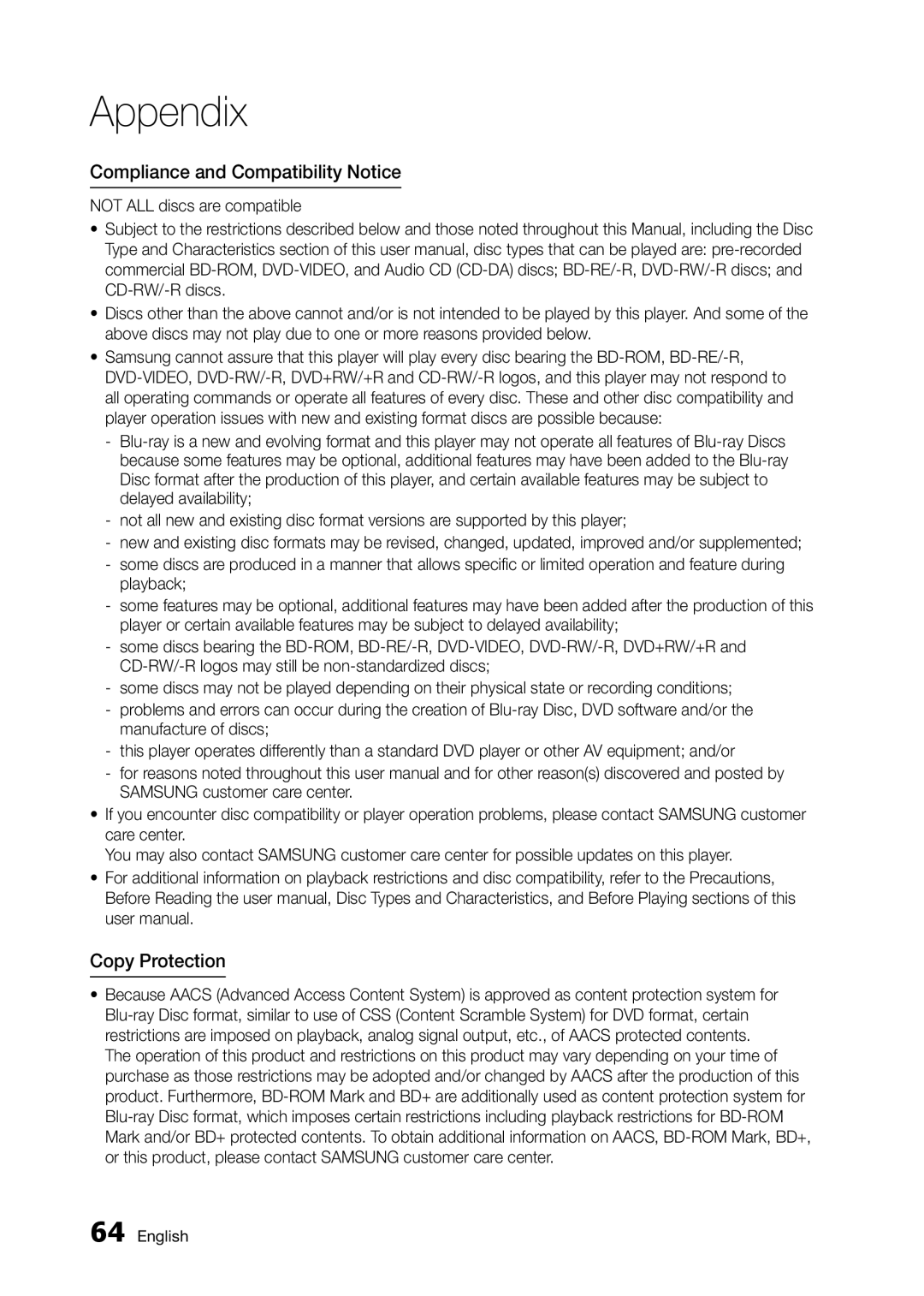 Samsung BD-D5300/UM, BD-D5300/ZN manual Compliance and Compatibility Notice, Copy Protection 