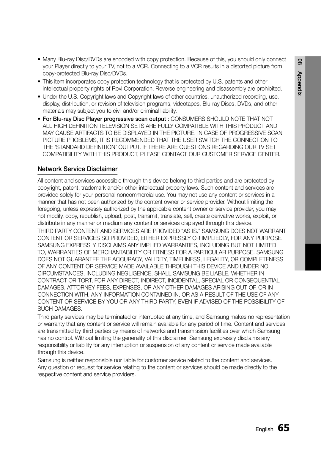 Samsung BD-D5300/ZN, BD-D5300/UM manual Network Service Disclaimer 