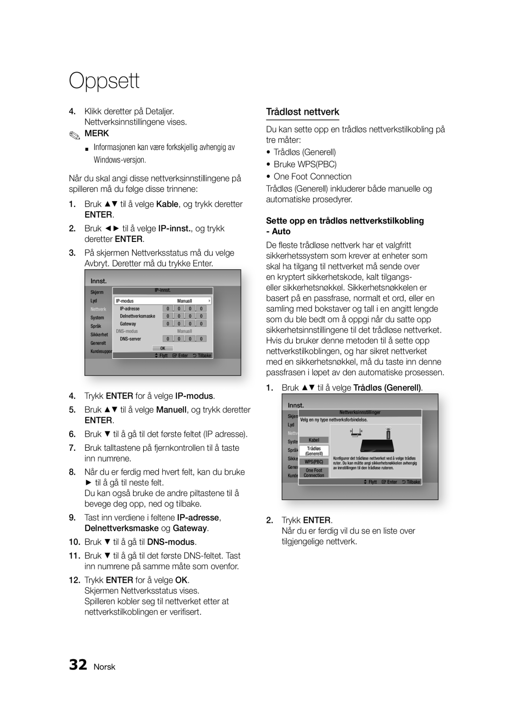 Samsung BD-D5300/XE manual Trådløst nettverk, Sette opp en trådløs nettverkstilkobling Auto 