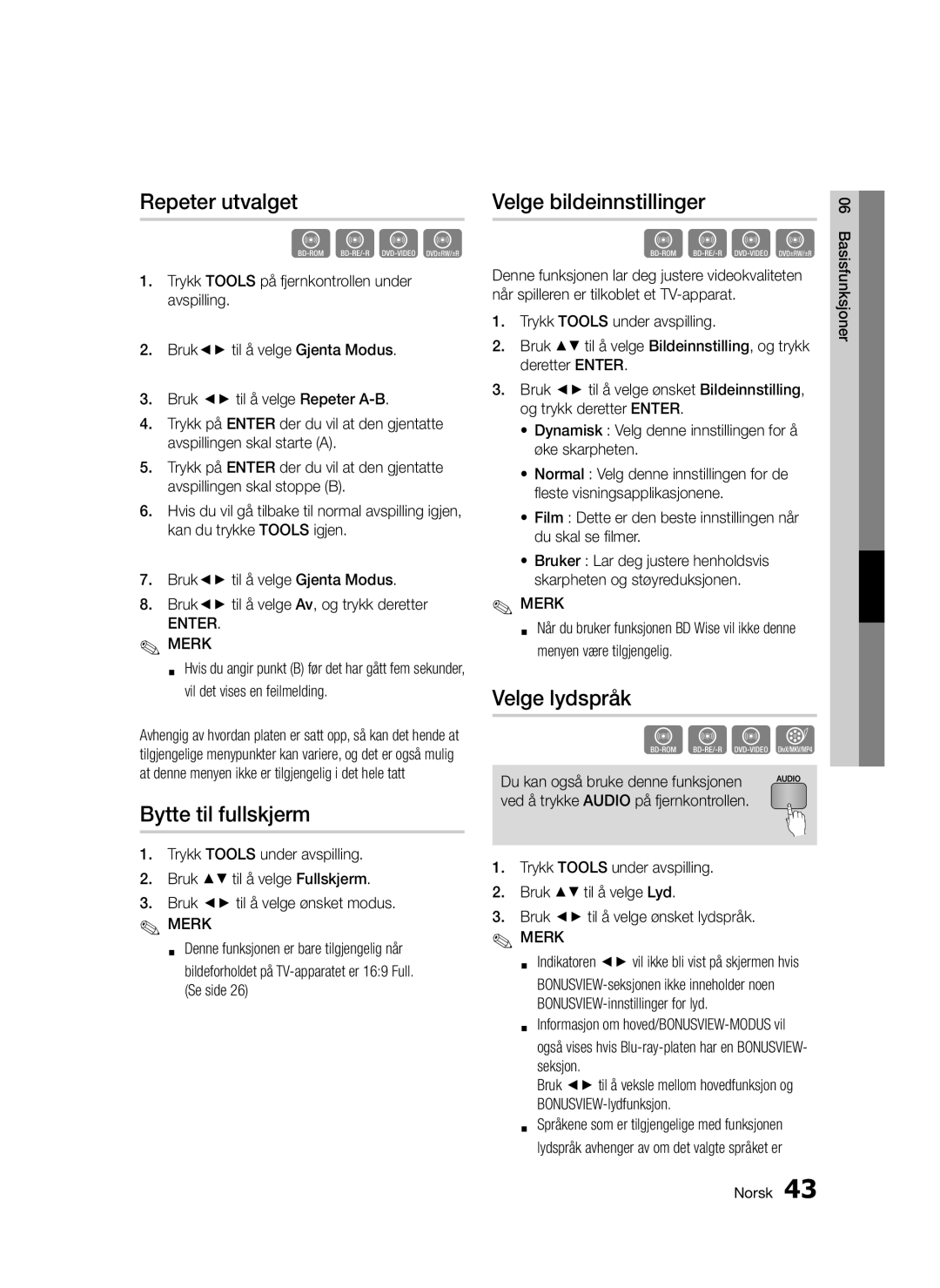 Samsung BD-D5300/XE manual Repeter utvalget, Bytte til fullskjerm, Velge bildeinnstillinger, Velge lydspråk, Enter Merk 