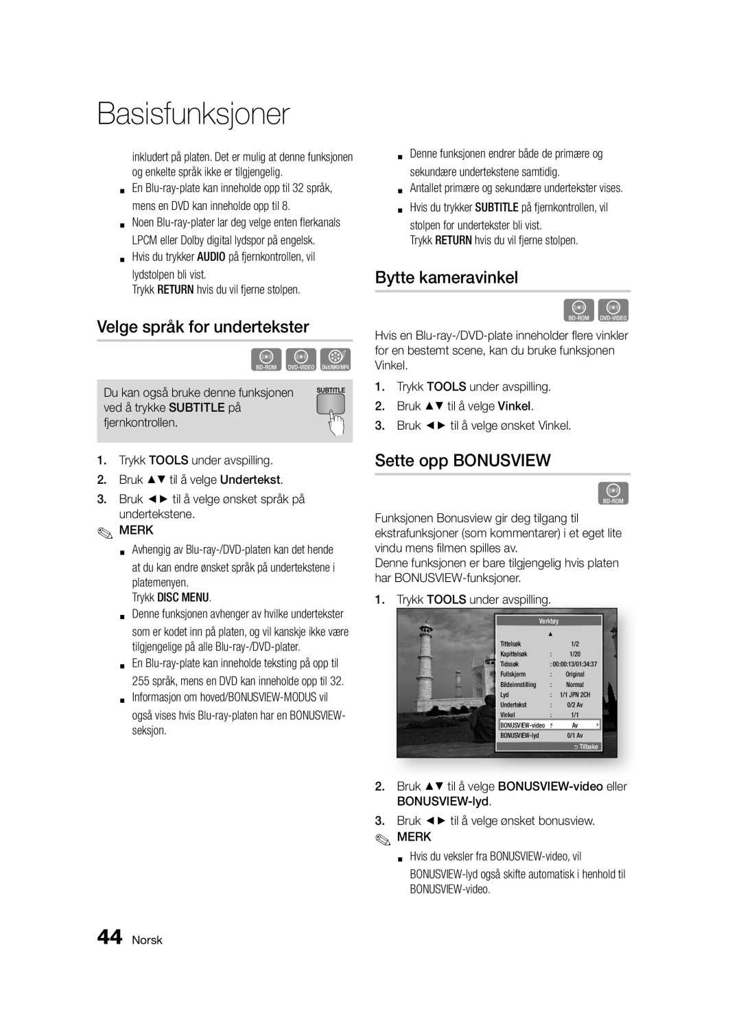 Samsung BD-D5300/XE manual Velge språk for undertekster, Bytte kameravinkel, Sette opp Bonusview, Trykk Disc Menu 