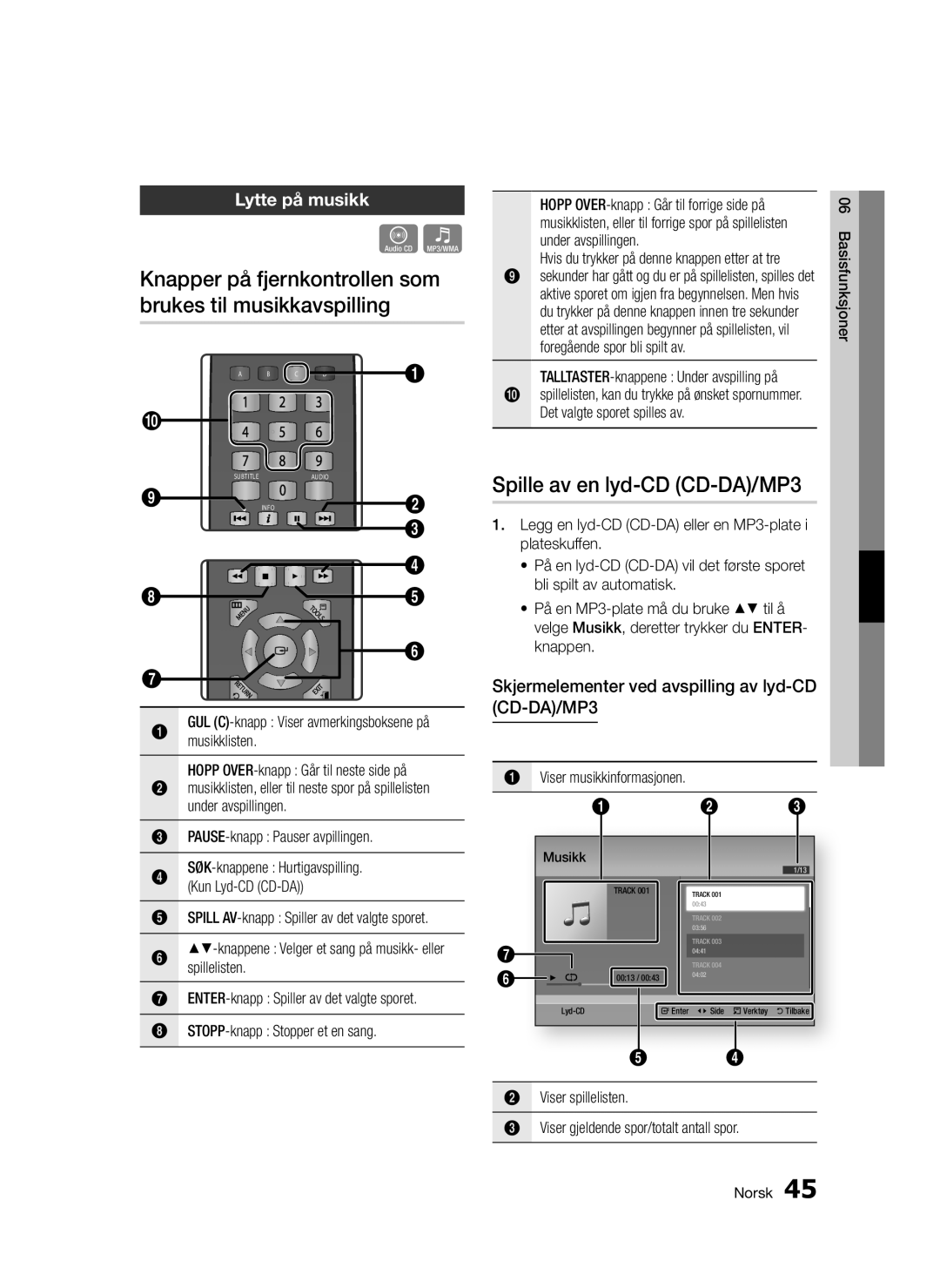 Samsung BD-D5300/XE manual Knapper på fjernkontrollen som brukes til musikkavspilling, Spille av en lyd-CD CD-DA/MP3 