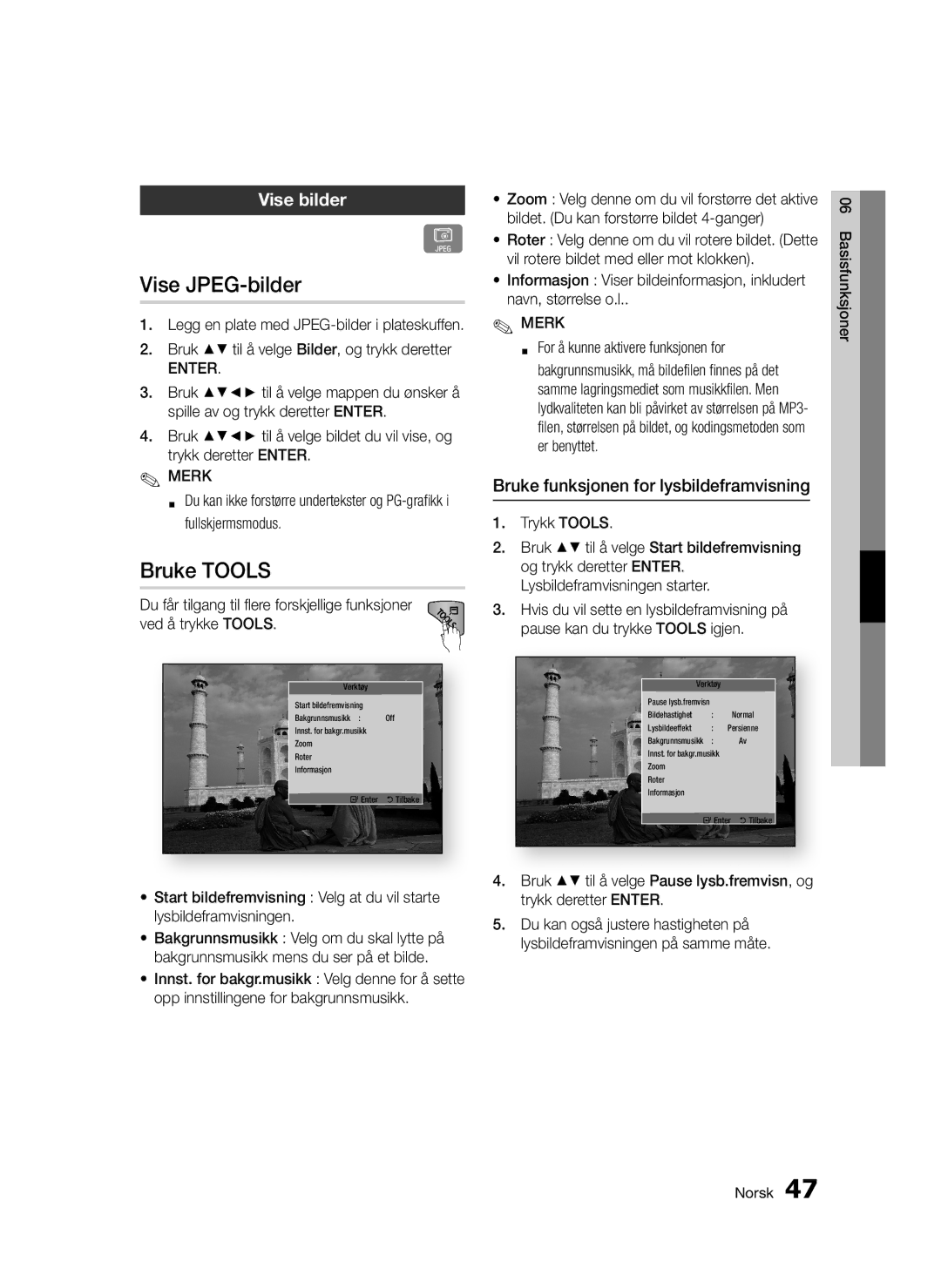 Samsung BD-D5300/XE manual Vise JPEG-bilder, Bruke Tools, Vise bilder, Bruke funksjonen for lysbildeframvisning 