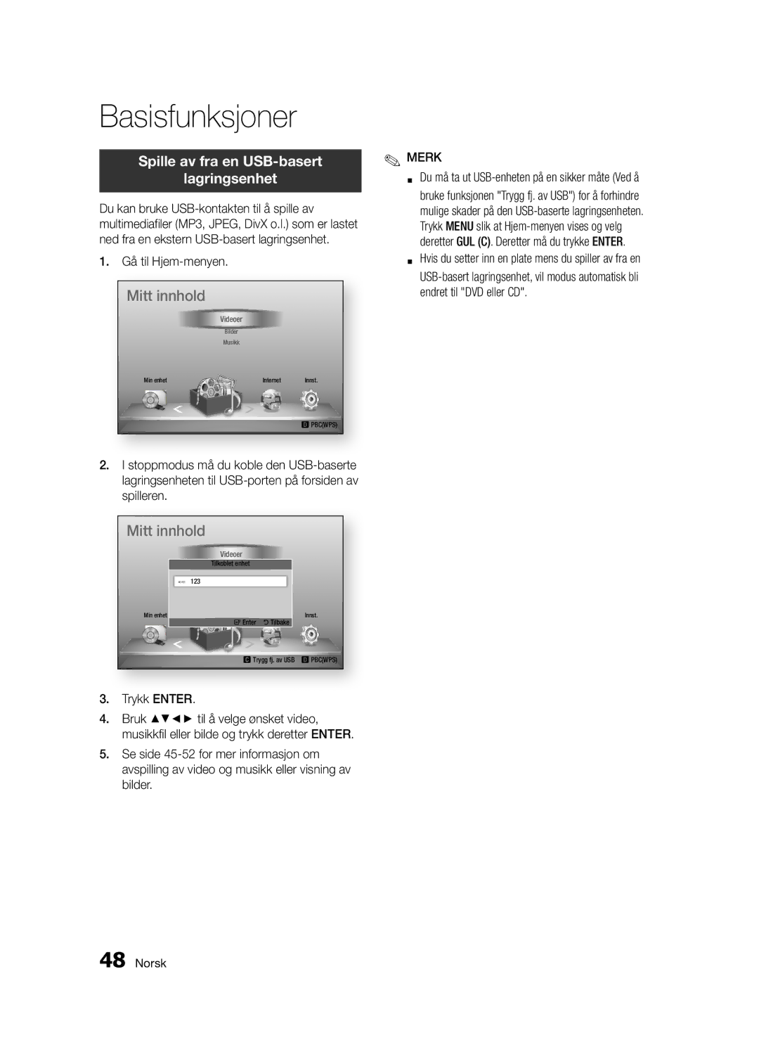 Samsung BD-D5300/XE manual Spille av fra en USB-basert Lagringsenhet 